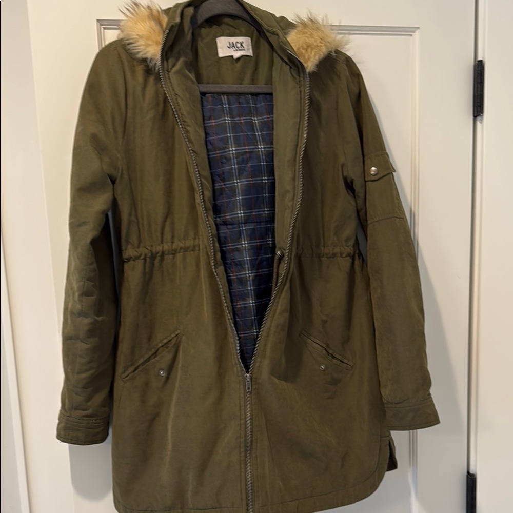 Maternity jacket coat - small - Jack Olive Green Parka with Fur Hood